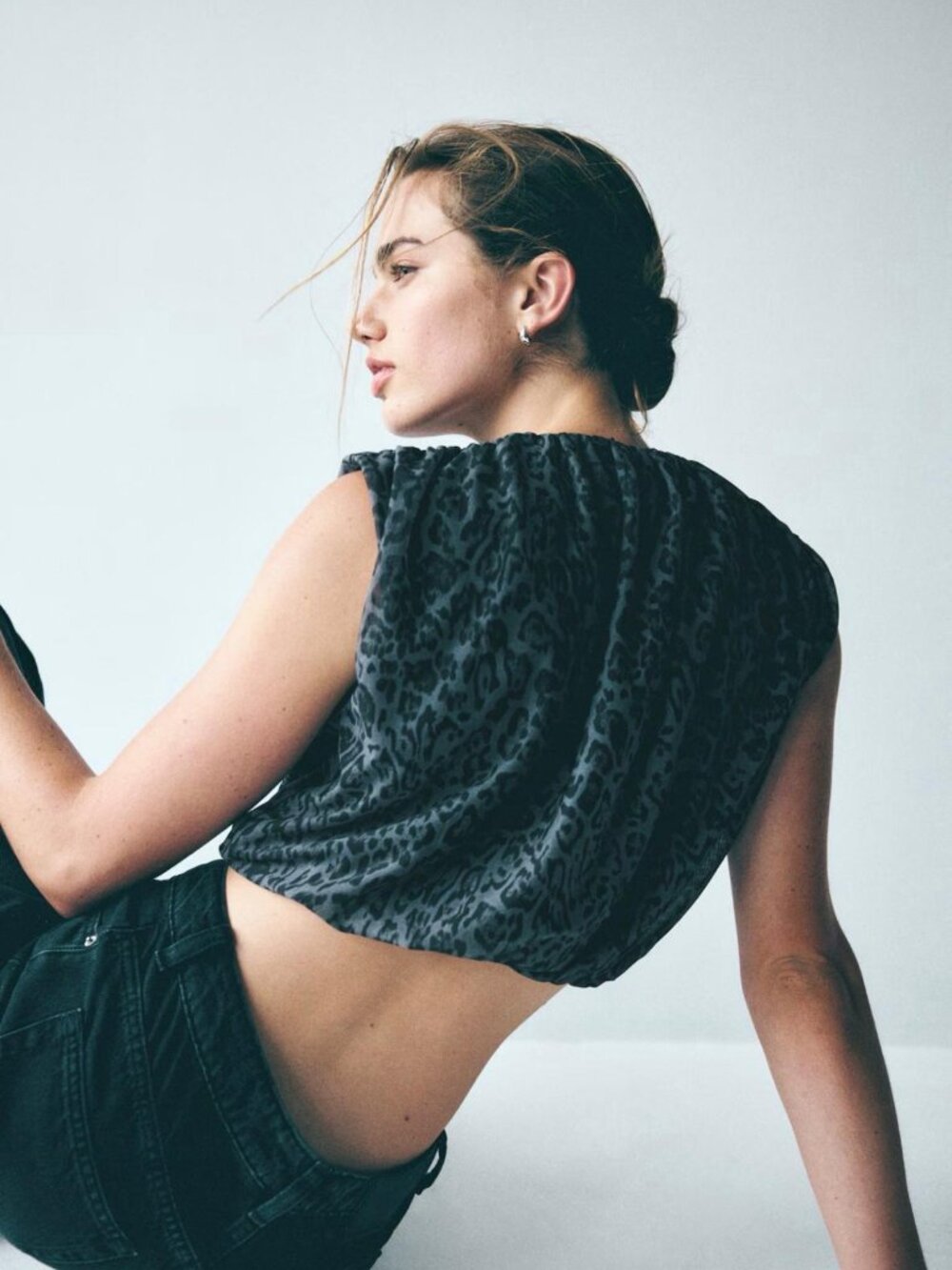 Draped Mesh Top Color: Black/leopard print